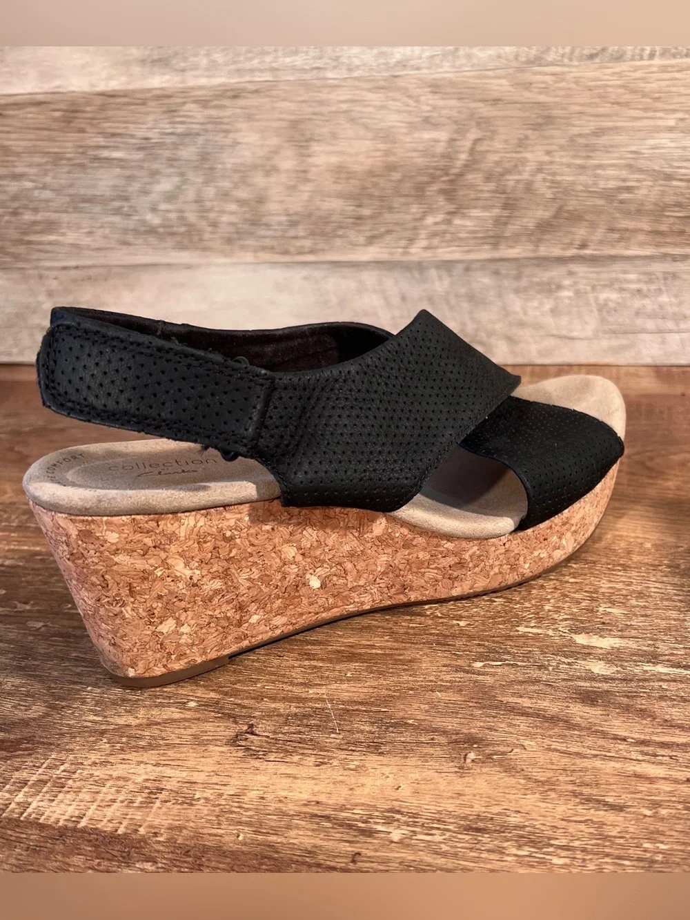 Black Cork Wedge‎ Sandals with Cross-Strap Design